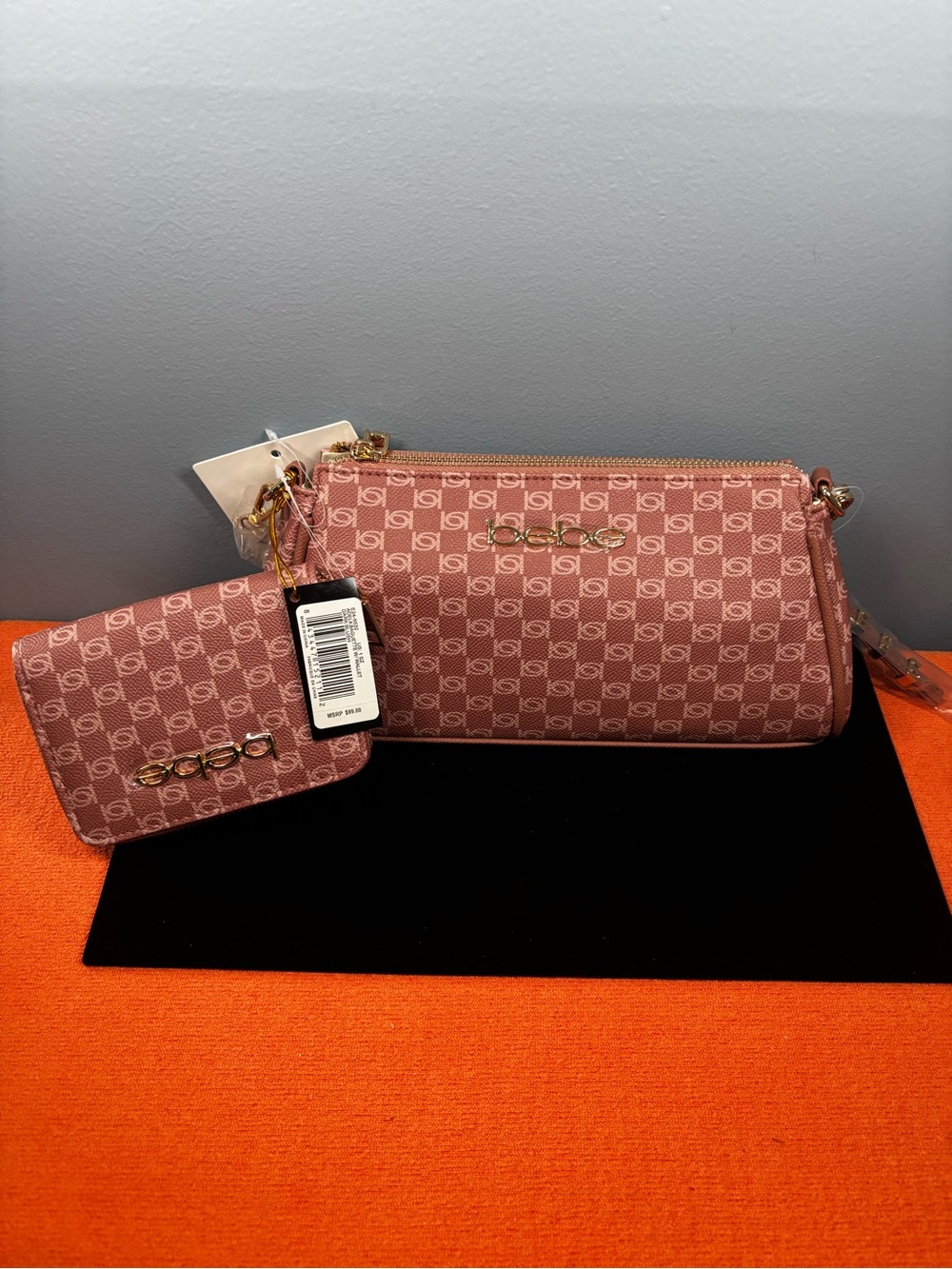 Bebe Adele Pink Logo Baguette Crossbody with Matching Wallet